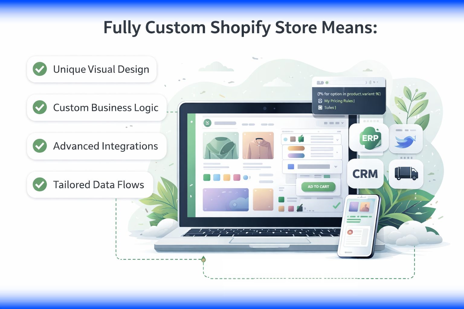 Feature image illustrating Shopify scalability, showing a custom Shopify store launching like a rocket from a laptop to represent growth potential, performance, and advanced store customization