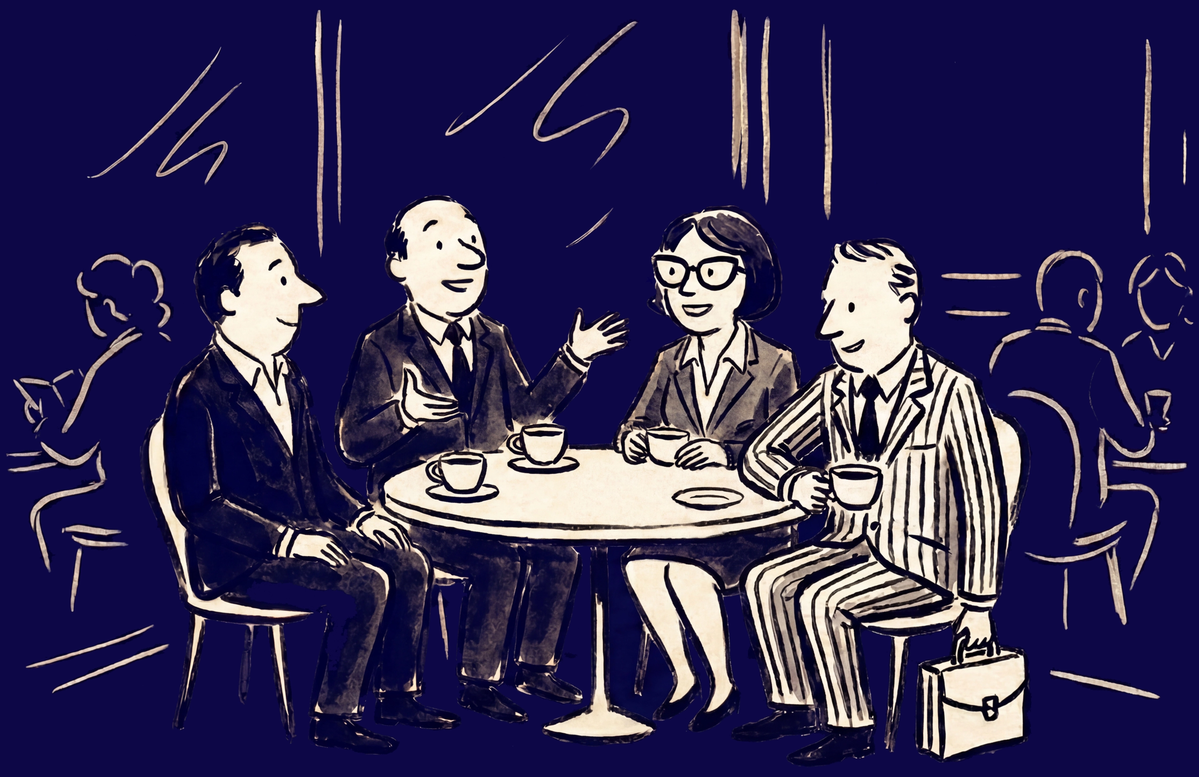 Illustration of four business people sitting at a round table drinking coffee and engaging in conversation in a café.