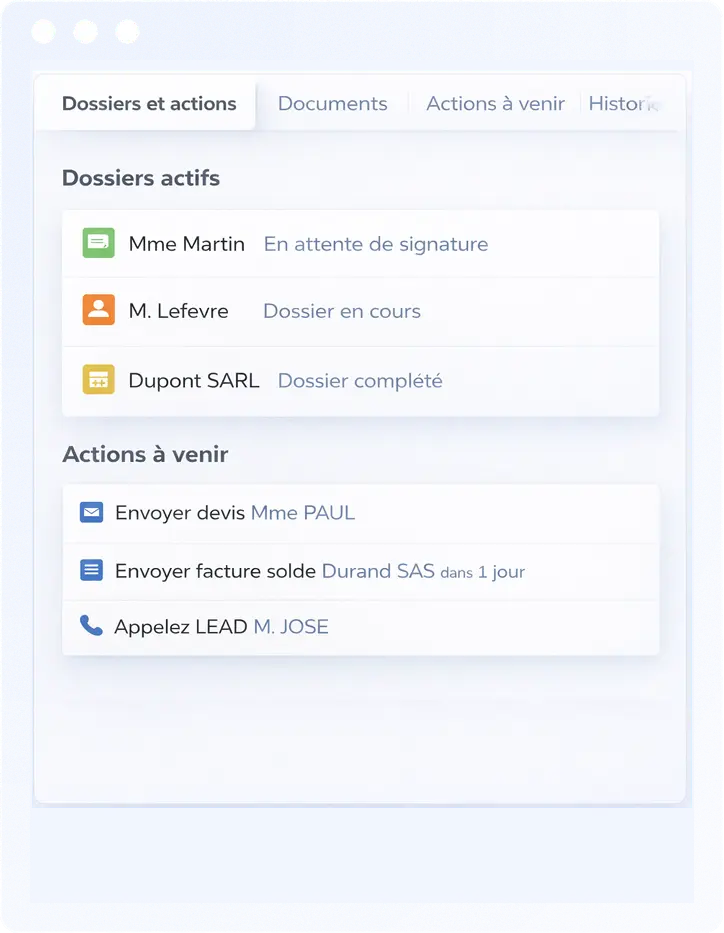 Tableau de bord de gestion des dossiers et des actions