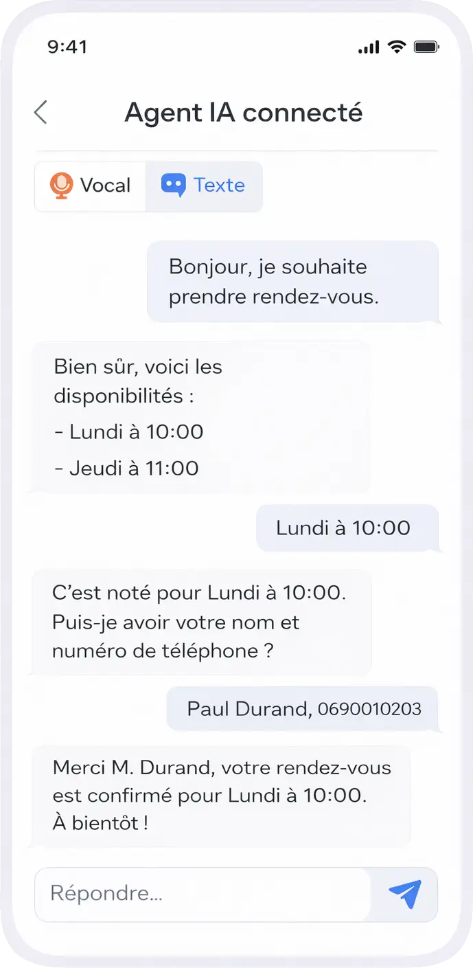 Conversation de prise de rendez-vous automatisée avec un agent IA