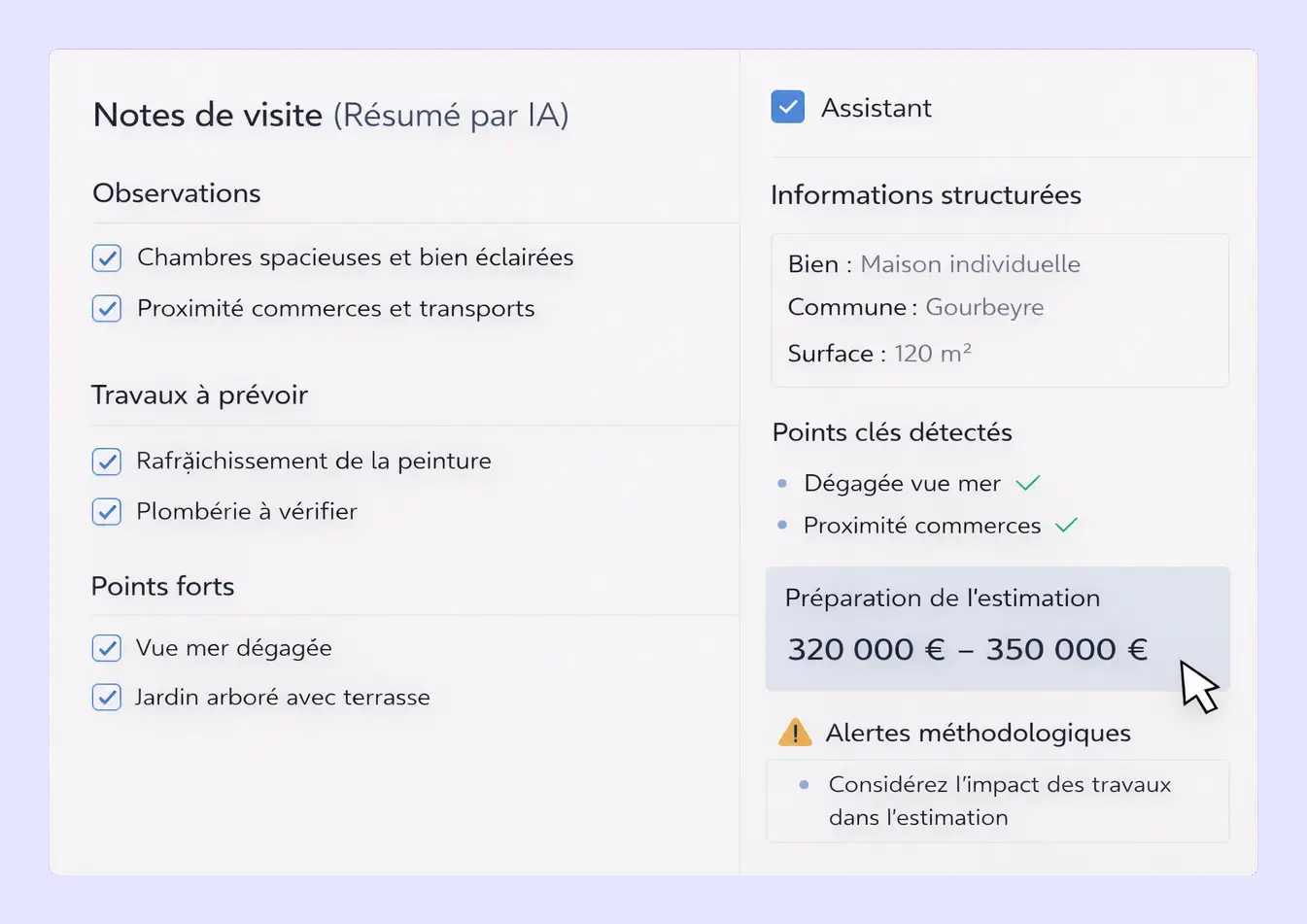Assistant IA métier structurant automatiquement les notes de visite, les informations du bien et aidant à la préparation d’une estimation immobilière.
