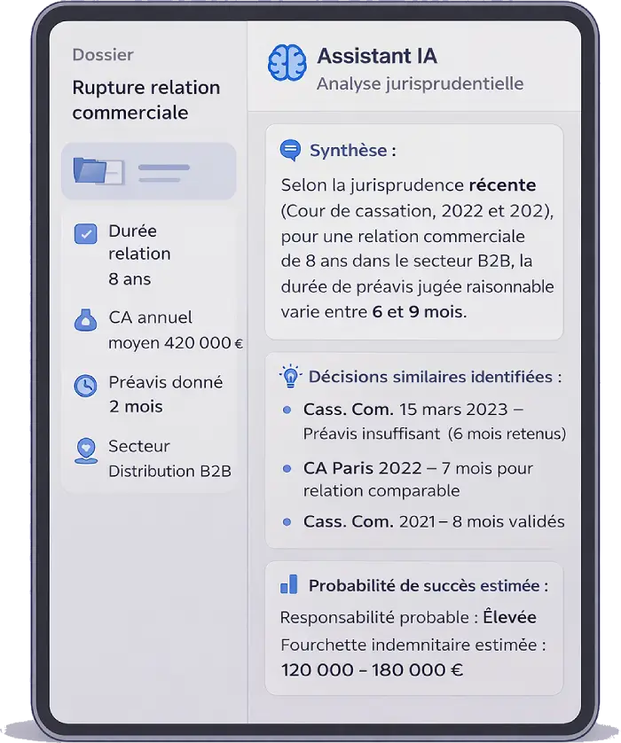 Assistant IA métier analysant jurisprudence et dossiers juridiques professionnels