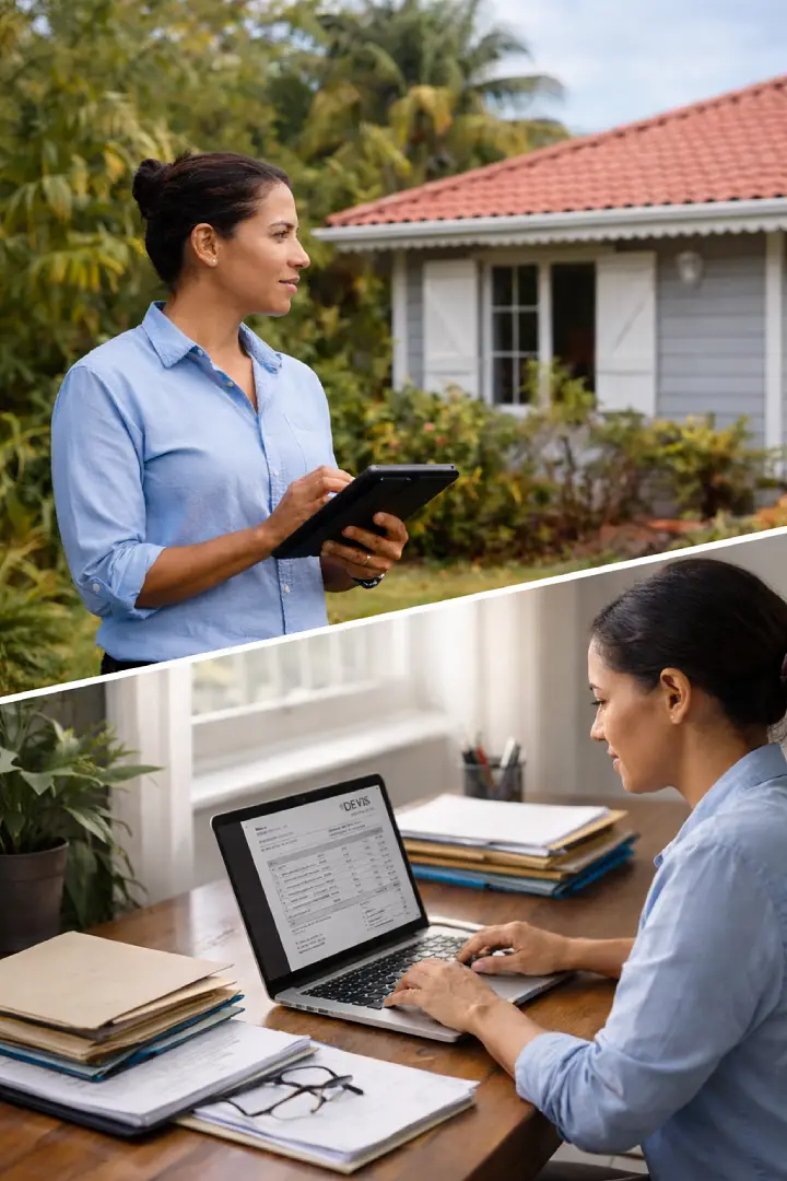 Experte immobilière en Guadeloupe en visite terrain et travaillant sur un devis sur ordinateur