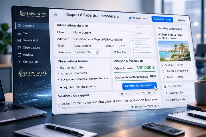 Rapport d’expertise immobilière numérique affiché sur ordinateur pour un bien situé au Gosier en Guadeloupe