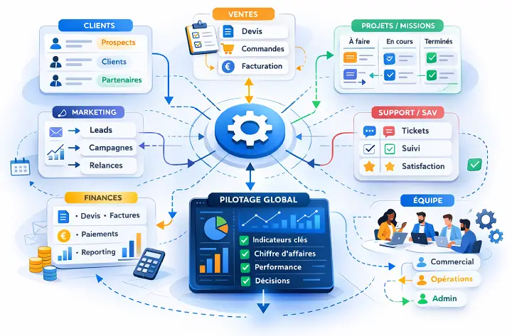 Représentation visuelle d’une cartographie de processus et enchaînement de flux automatisés.