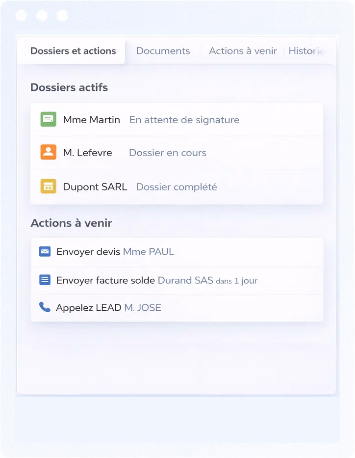 Tableau de bord de gestion des dossiers et des actions