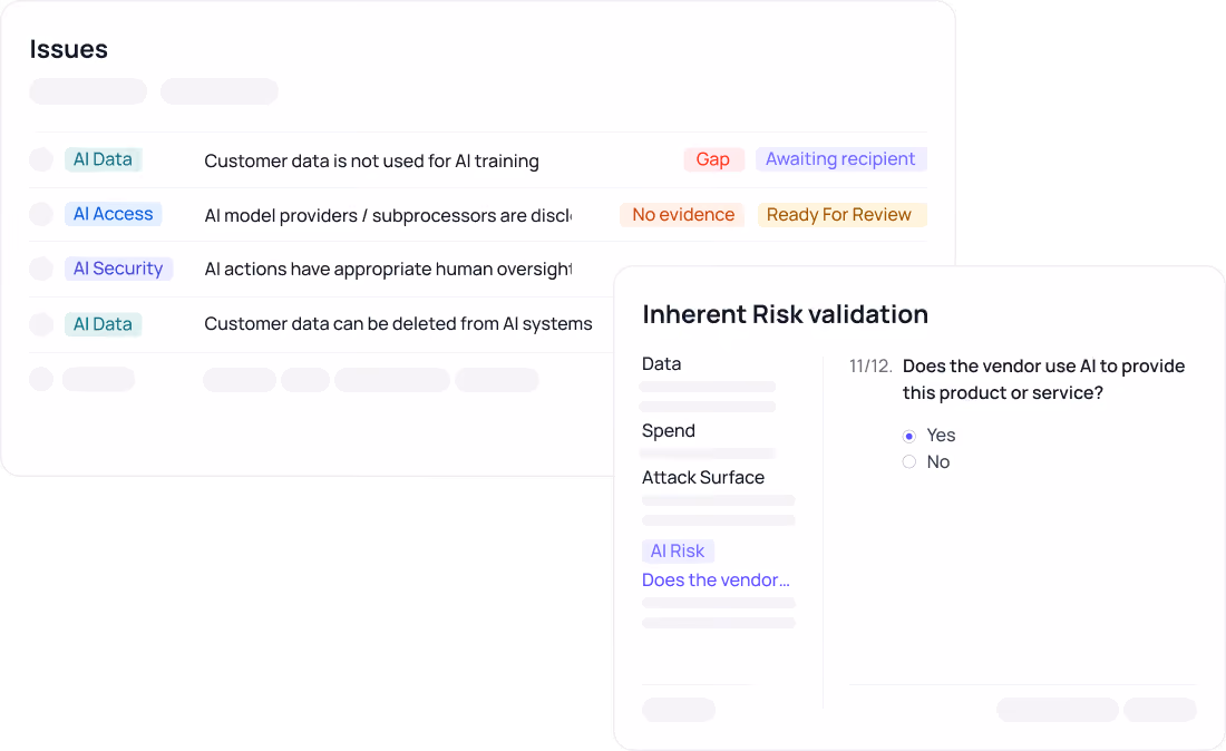 Assessment issues list with AI control gaps, alongside an inherent risk validation panel asking whether the vendor uses AI