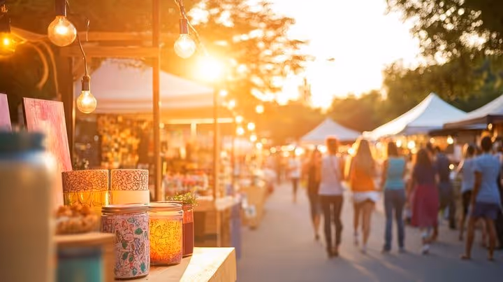Sunlit outdoor market stalls with jars and people walking among white tents in the background.