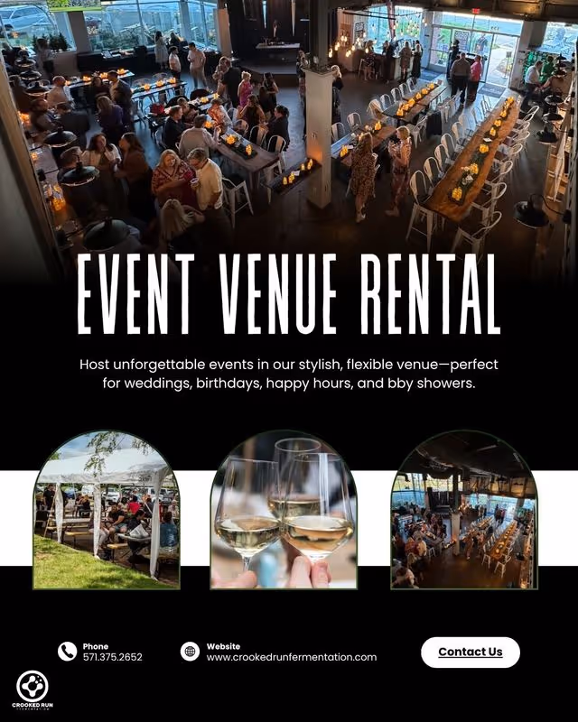 Indoor event space with long tables decorated with flowers and candles, filled with guests; text overlay advertising event venue rental for weddings, birthdays, happy hours, and baby showers.