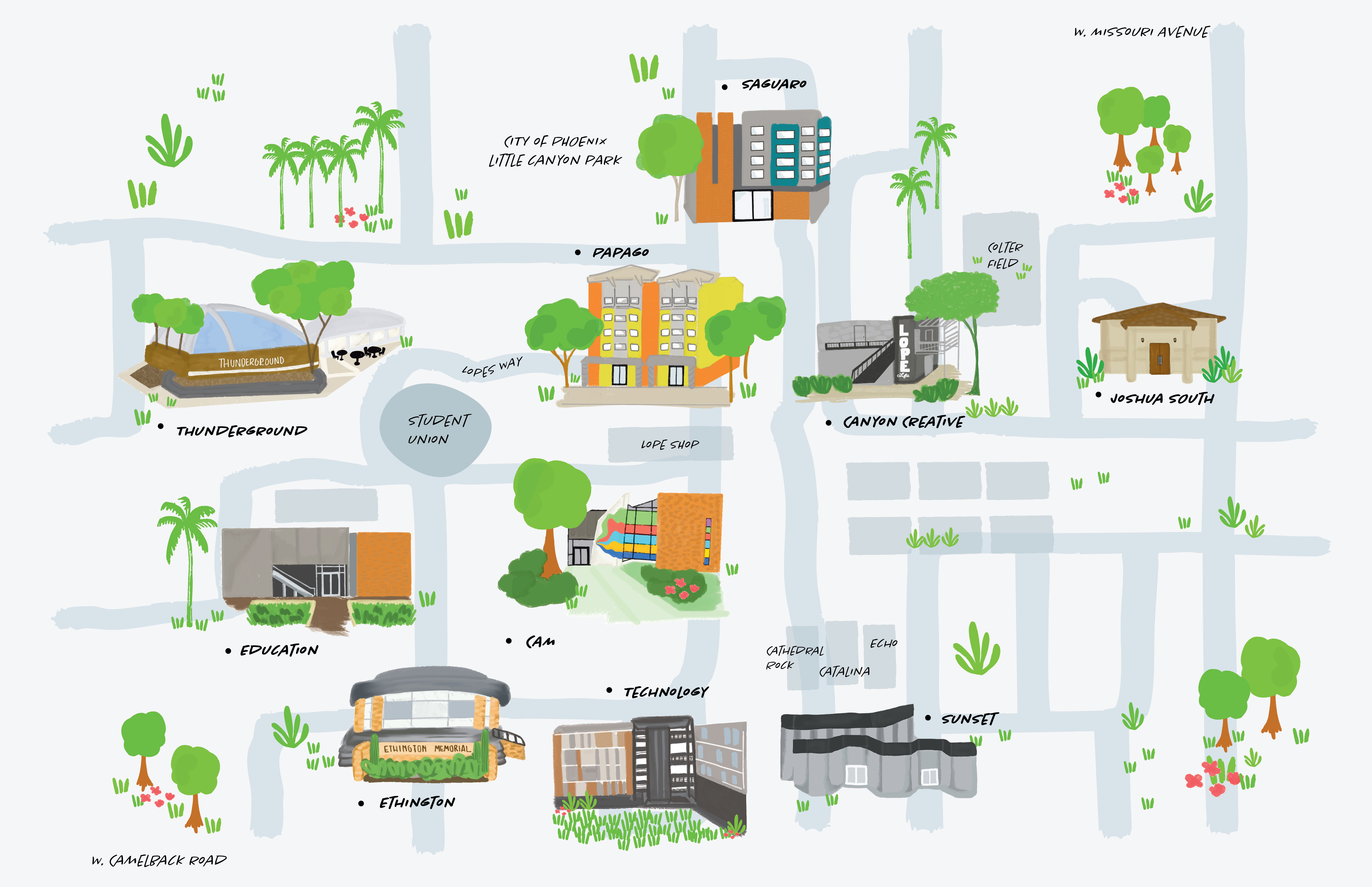 Campus map showing the CAM Buildings