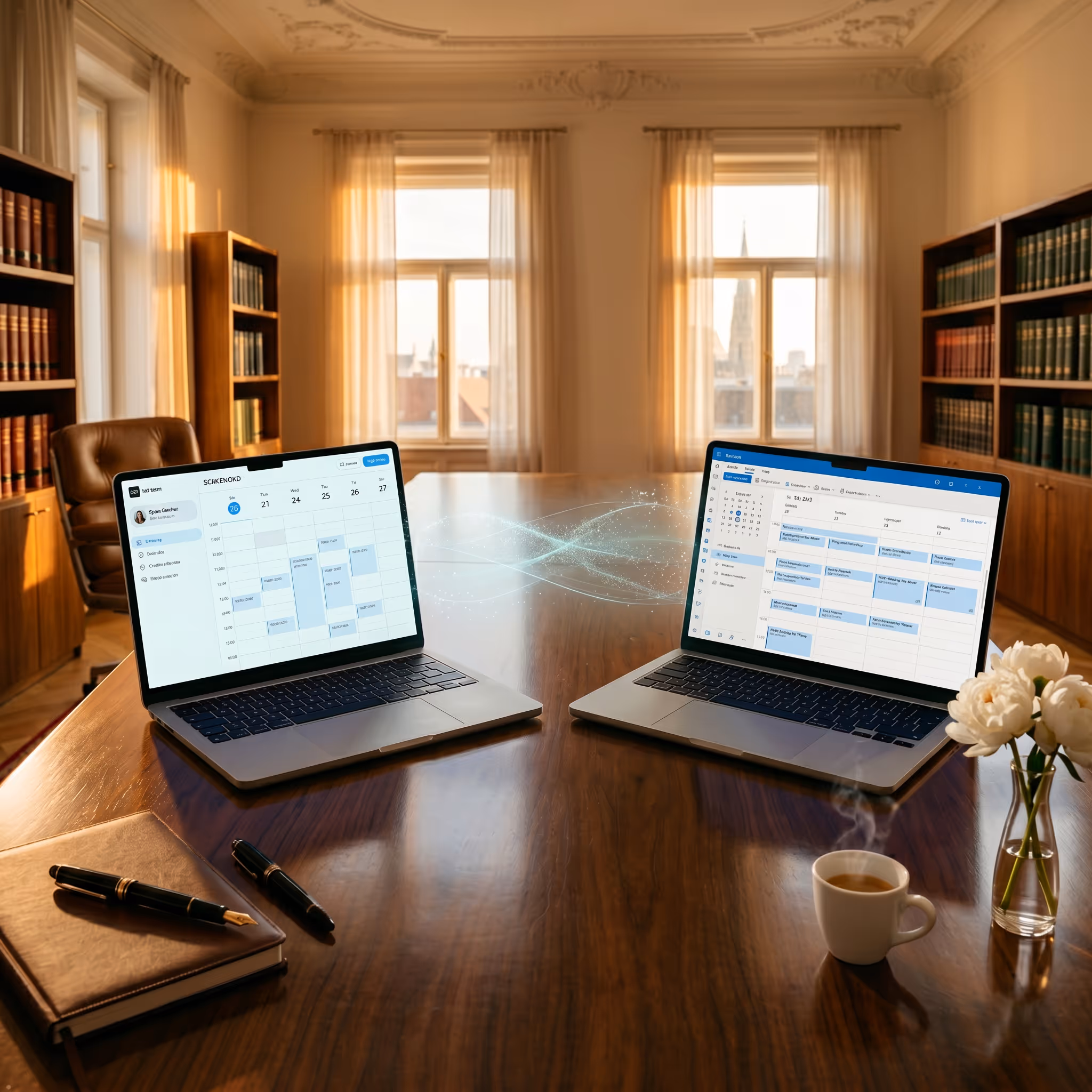Zwei Laptops auf einem Kanzlei-Schreibtisch zeigen die Integration von cal.com und Microsoft Exchange — Konzeptbild für die automatische Kalender-Synchronisation in einer Anwaltskanzlei