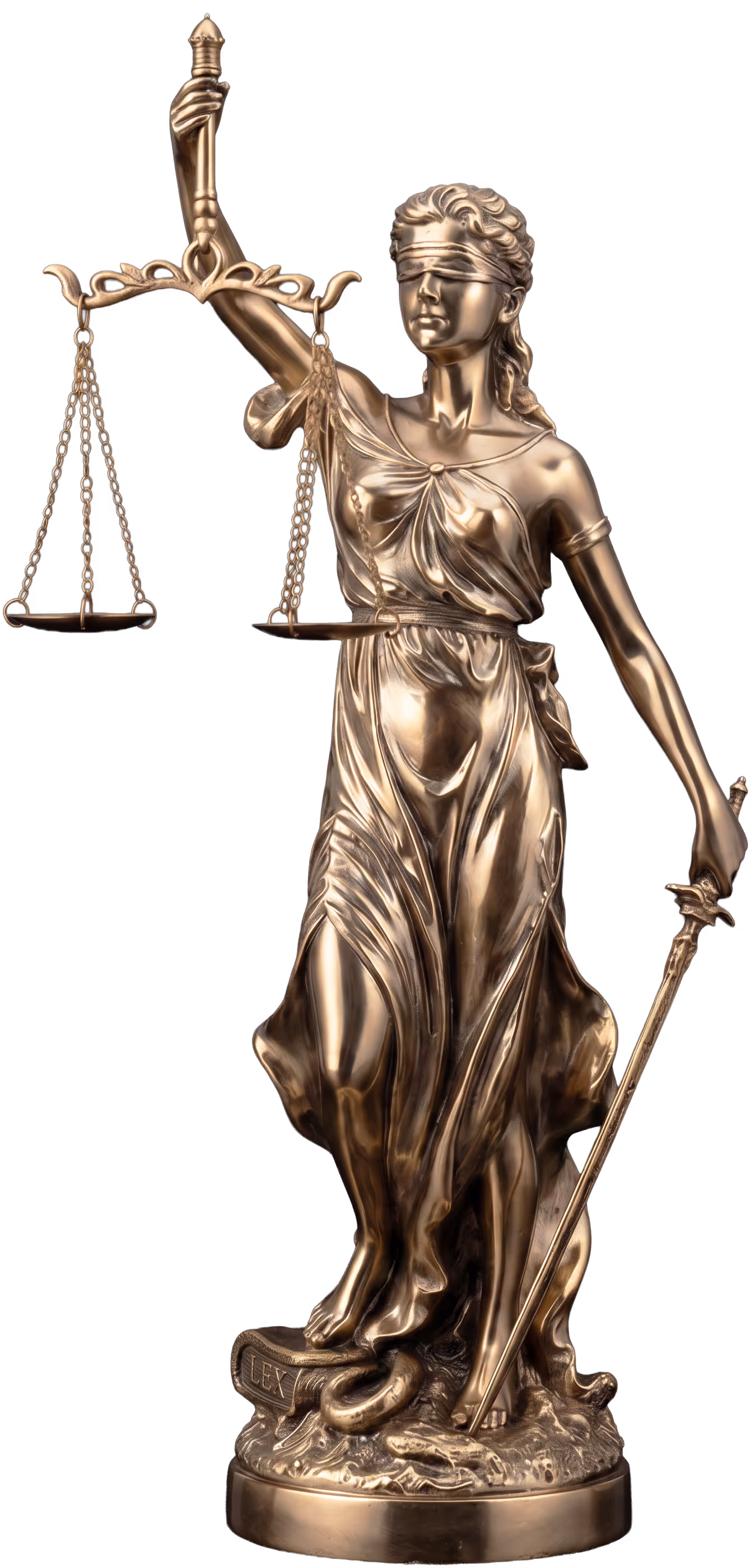 Bronzestatue der Justitia mit verbundenen Augen, goldener Waage und Schwert – steht auf einem Buch mit
Aufschrift LEX, umgeben von einer Schlange als Symbol besiegter Ungerechtigkeit