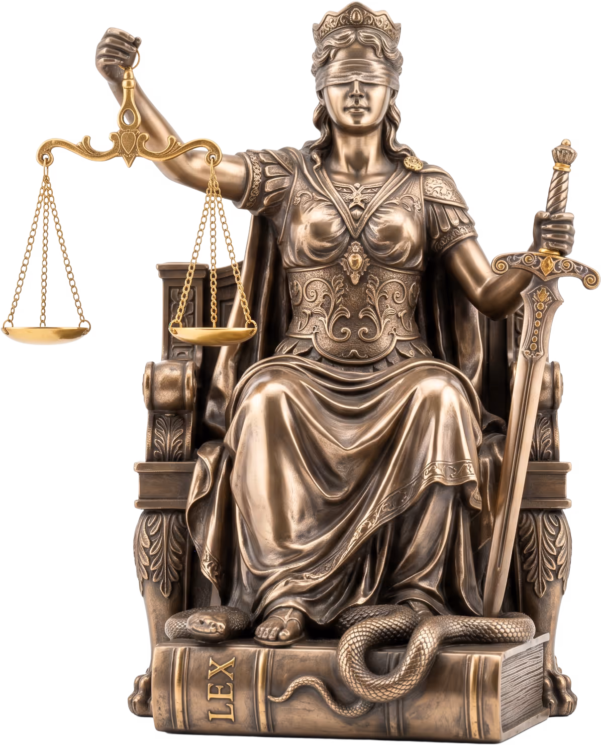 Detailreiche, helle Bronzestatue der Justitia in quadratischer Komposition auf weißem Hintergrund. Die Figur mit verbundenen Augen hält eine goldene Waage und ein Schwert, platziert neben einem 'LEX'-Gesetzbuch und einer Schlange als Symbol für Gerechtigkeit.