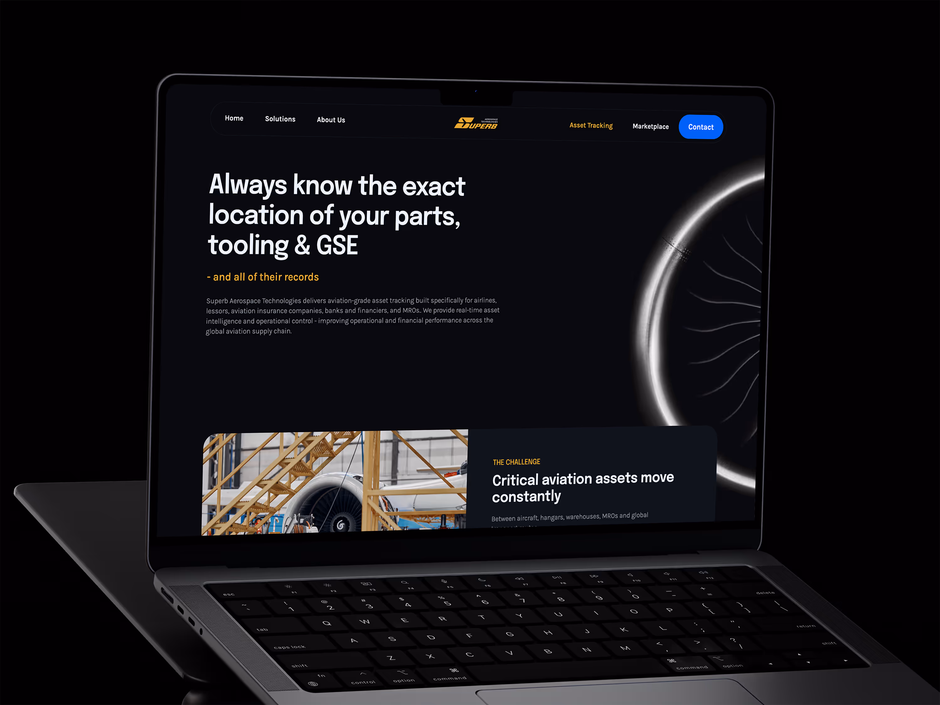 Laptop screen showing Superb Aerospace Technologies site about tracking aviation parts and assets.