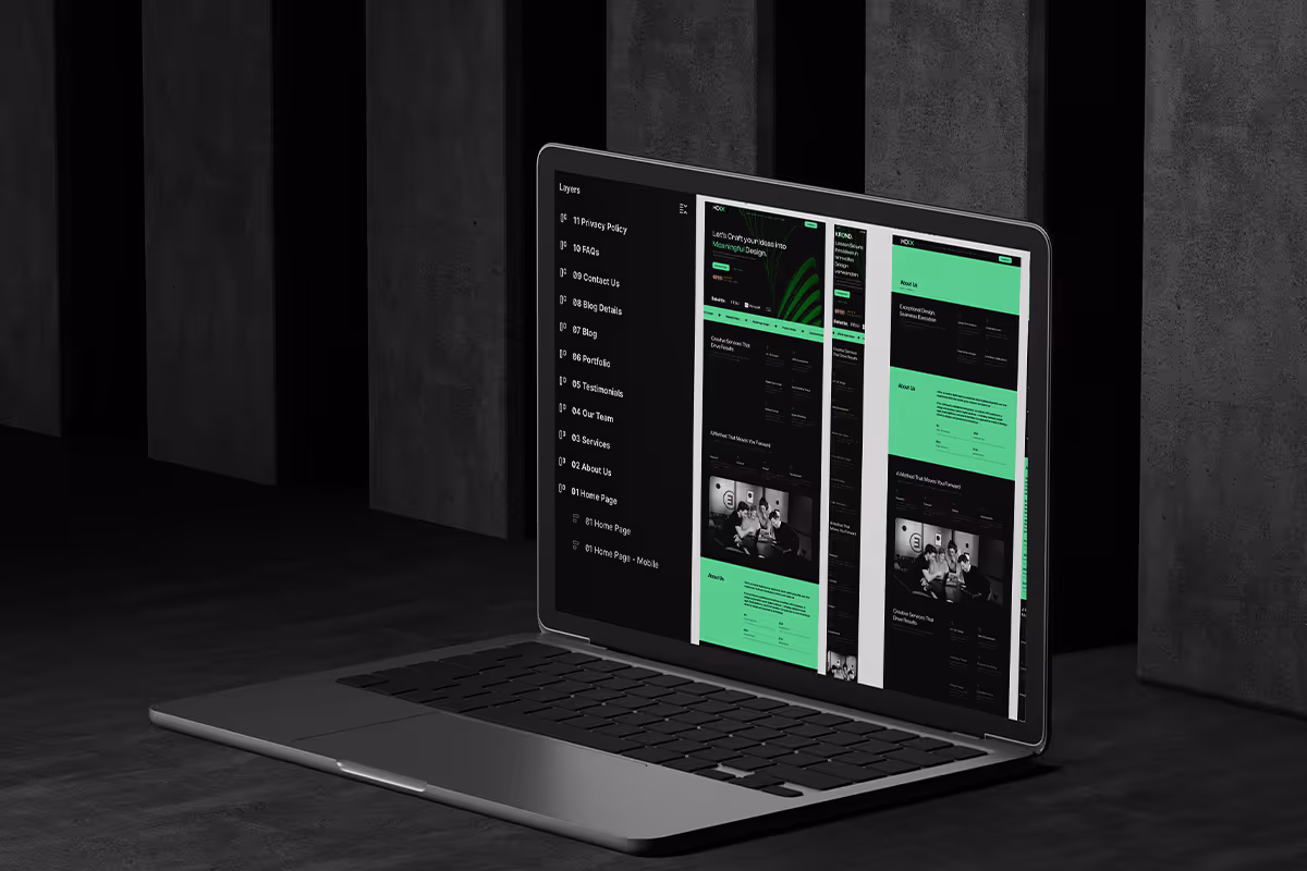 Figma-Mockup eines Website-Designs mit Desktop-, Tablet- und Mobile-Ansicht zur Freigabe vor Entwicklungsstart