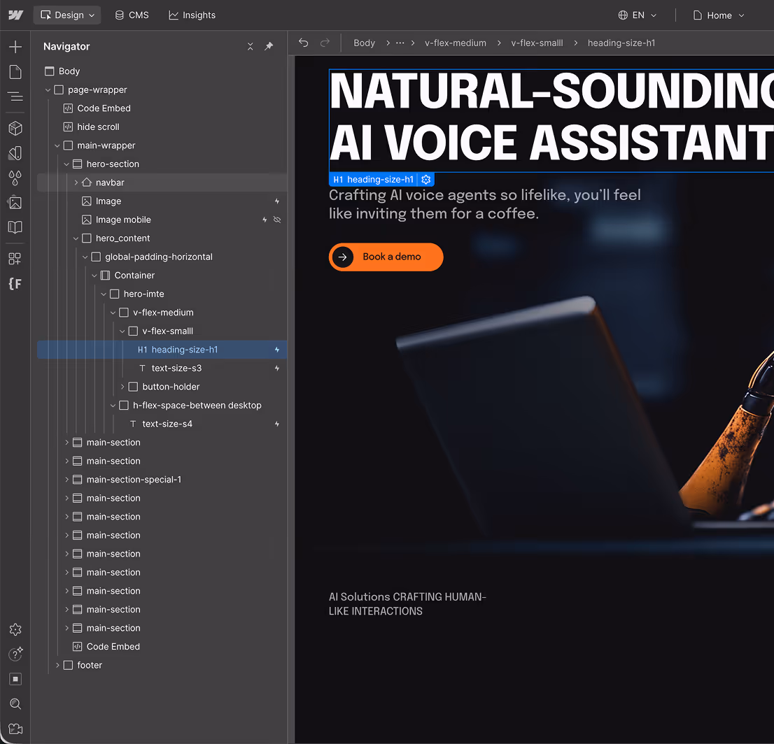 Screenshot of web design interface showing a natural-sounding AI voice assistant headline and demo button.
