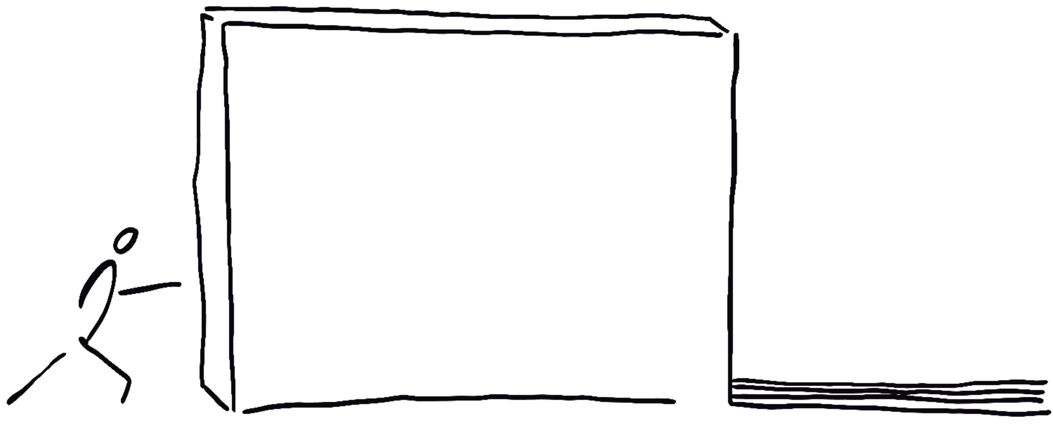 Simple line drawing of a stick figure pushing against a large rectangular block.