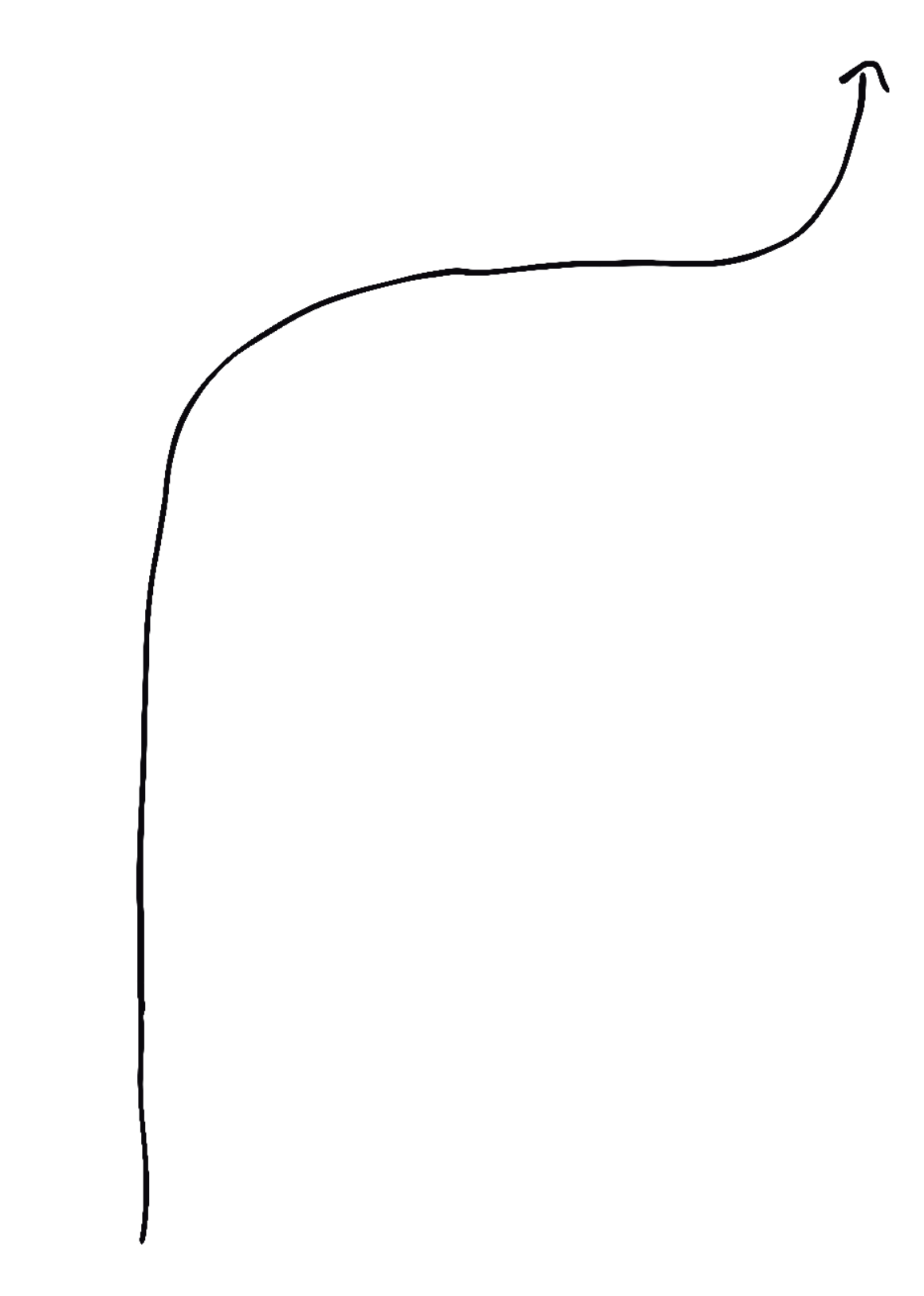 Black hand-drawn arrow starting downward, curving right, then pointing upward to the right.