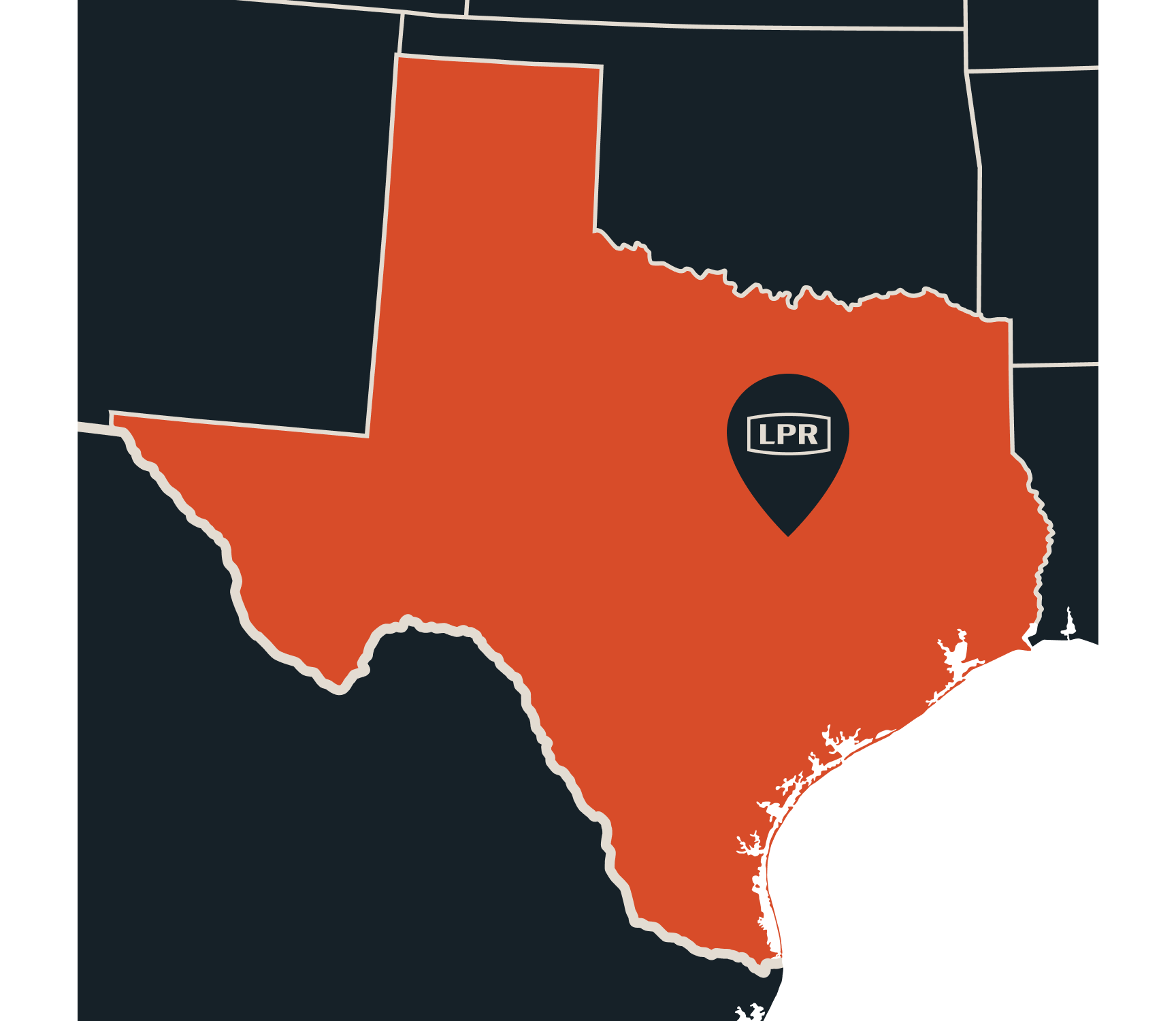 Map highlighting Texas in orange with a location pin labeled 'LPR' centered within the state.