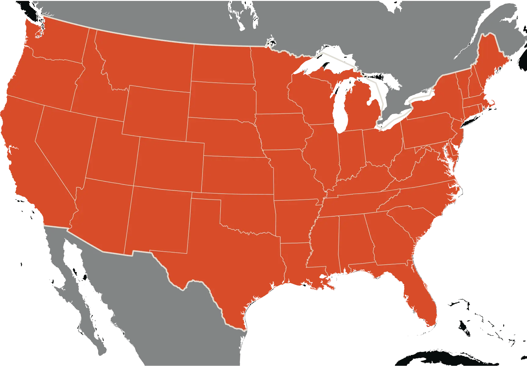 Map of the contiguous United States showing all states filled in orange with white borders against a black background.