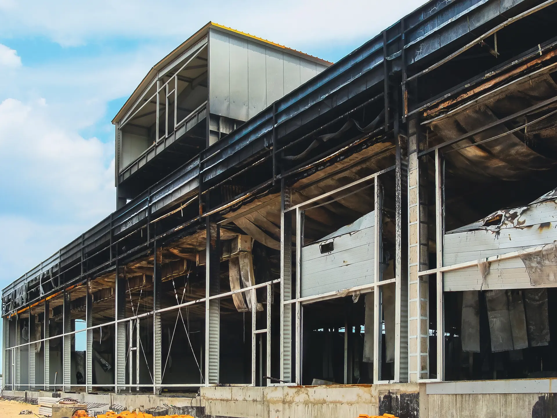 Exterior of a partially burnt industrial warehouse with visible fire damage on metal framework and walls under a blue sky.