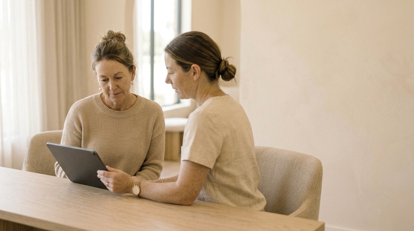 A patient and a coordinator seated together looking at a tablet held between them, the screen turned away and out of focus.
