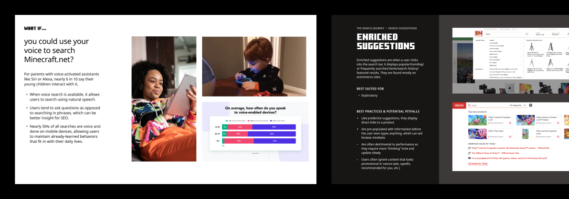 Two-part infographic about voice search habits in children with photos of kids using devices, a chart on voice-enabled device usage, and recommendations for enriched search suggestions.