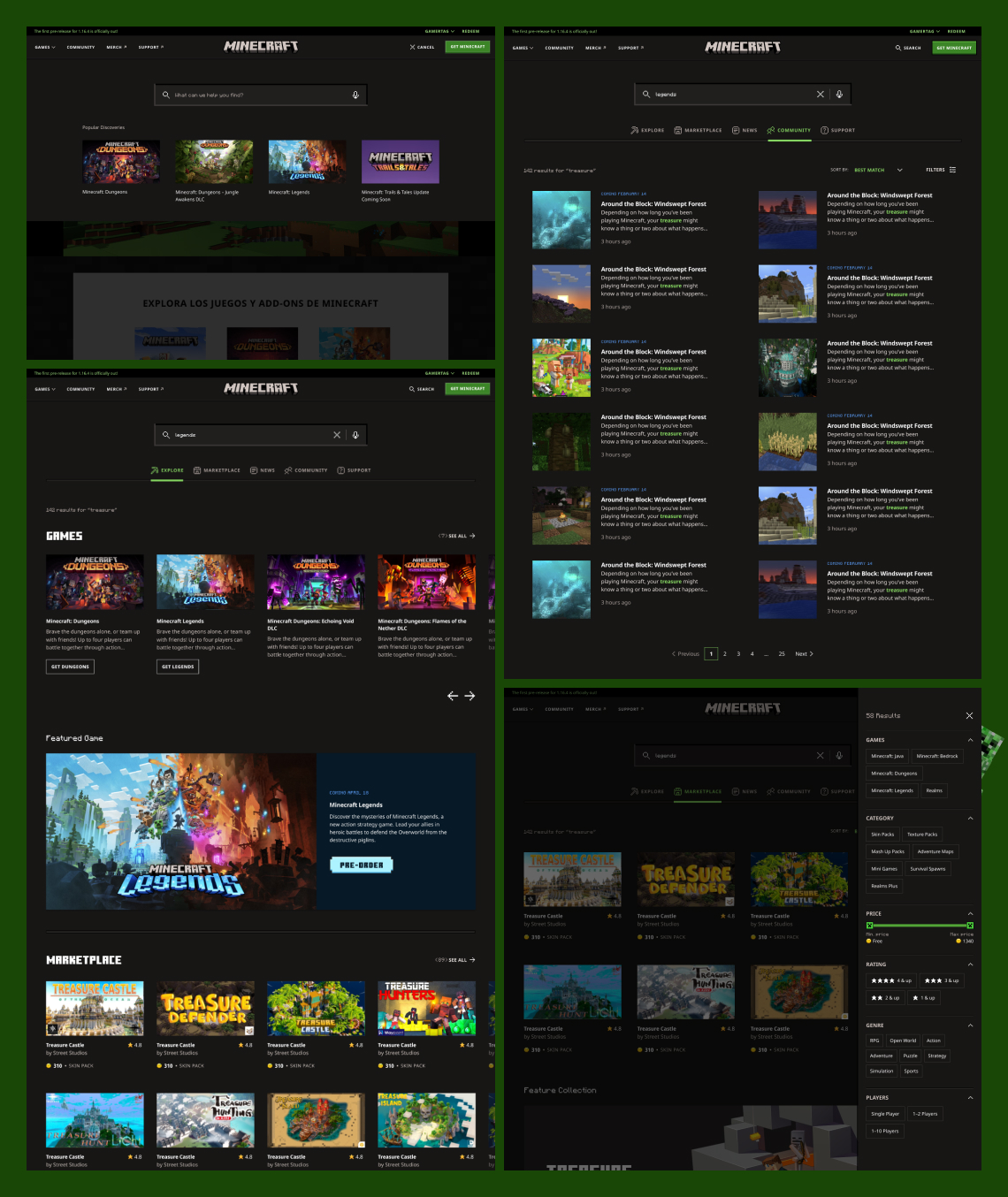 Four screenshots of Minecraft website featuring search results for 'legends' and 'treasure' including game and marketplace listings like Minecraft Legends and Treasure Castle.