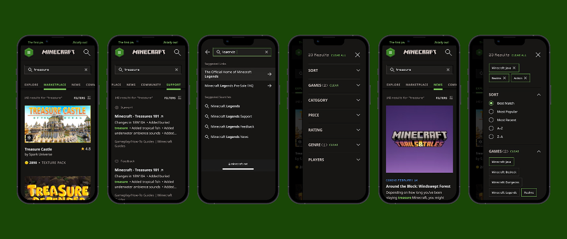 Six smartphone screens showing Minecraft app interface with marketplace, search results, filters, and game details for 'treasure'.