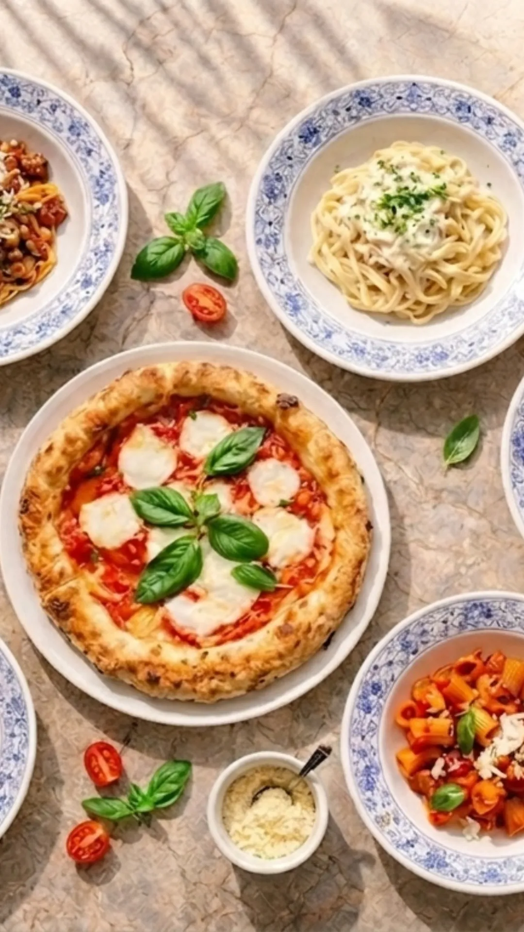 Pizza Margherita with fresh basil surrounded by plates of varied pasta dishes and a bowl of grated cheese on a marble surface.