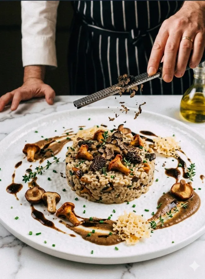 Un plat de risotto aux champignons décoré de morilles, girolles, herbes fraîches et copeaux de parmesan, avec un chef ajoutant des truffes râpées.
