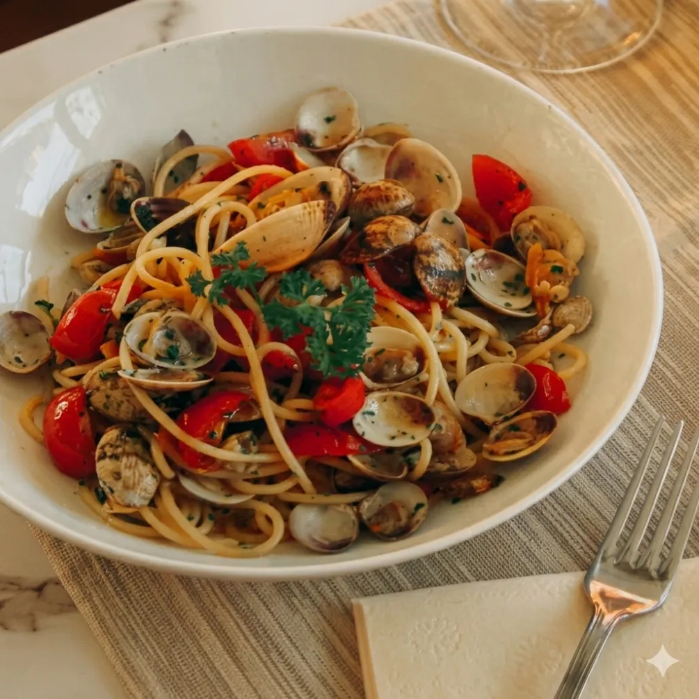 Plat de spaghetti aux palourdes, tomates cerises et persil dans un bol blanc posé sur une nappe beige avec une fourchette à côté.