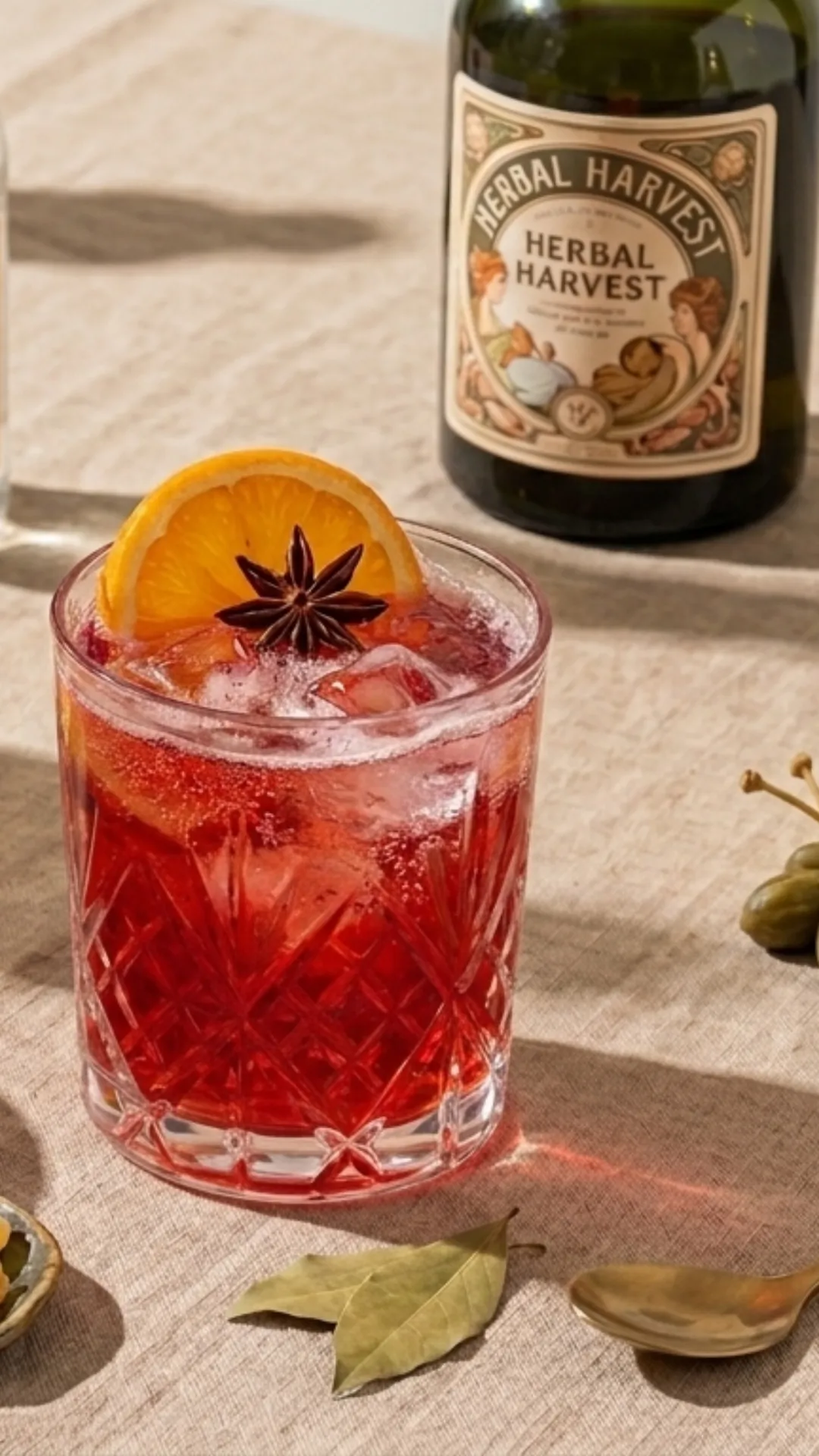 Red drink glass with ice cubes, orange slices and an anise star, with a Herbal Harvest bottle in the background.