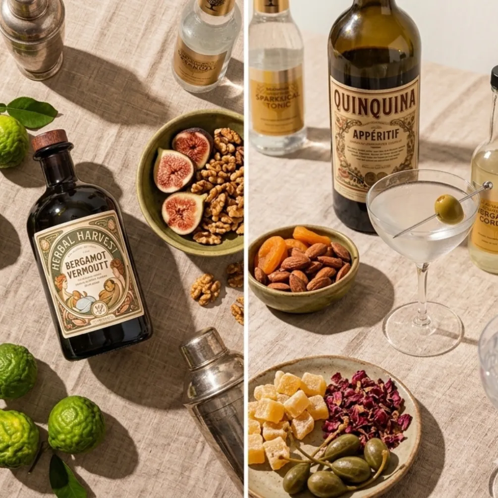 Aperitif bottles, cocktail served with an olive, bowls of nuts, figs, dried apricots, and condiments on a beige tablecloth.