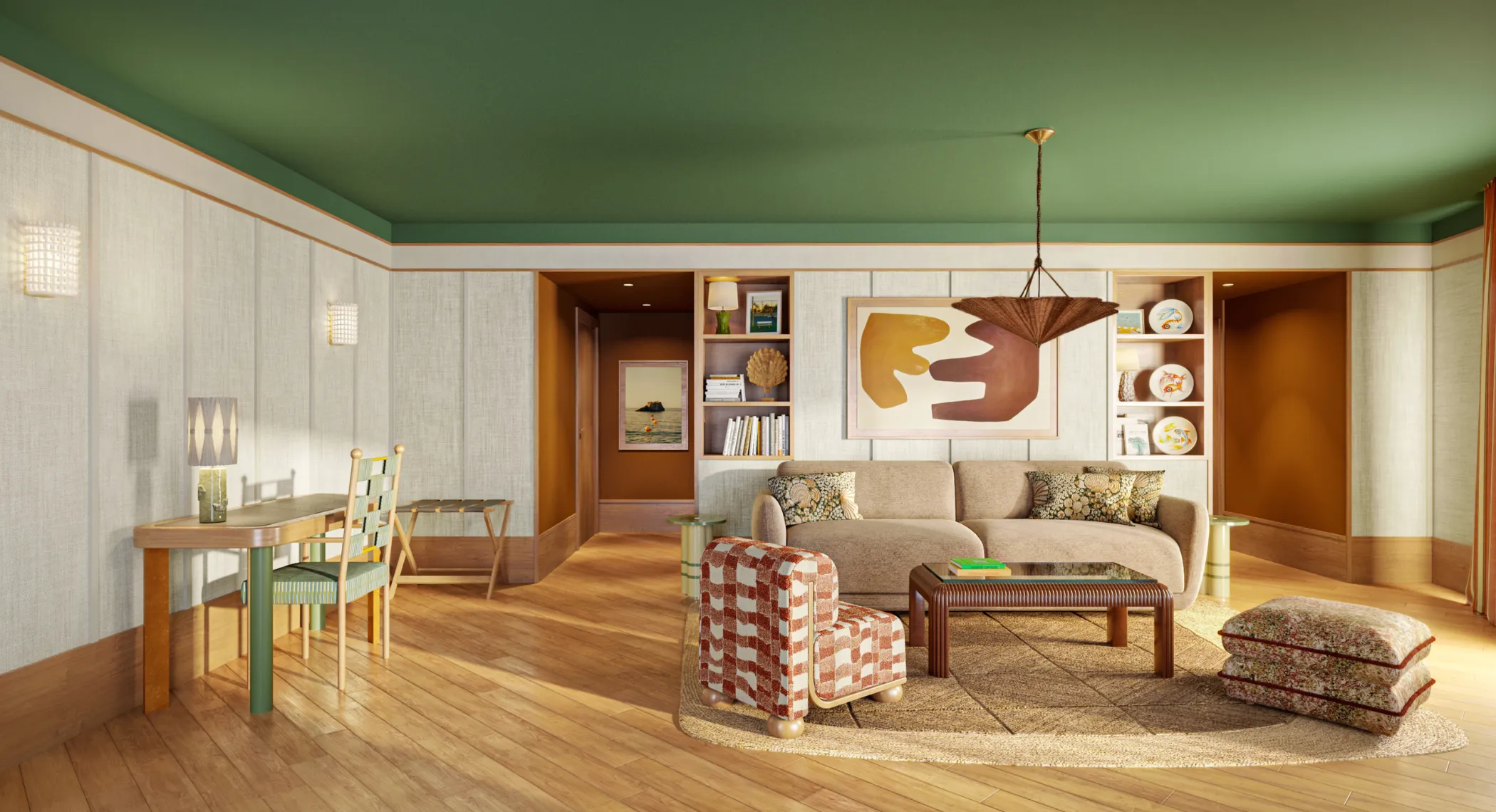 Salon lumineux avec canapé beige, fauteuil à motif quadrillé, table basse en bois, peinture abstraite et bureau avec chaise verte.