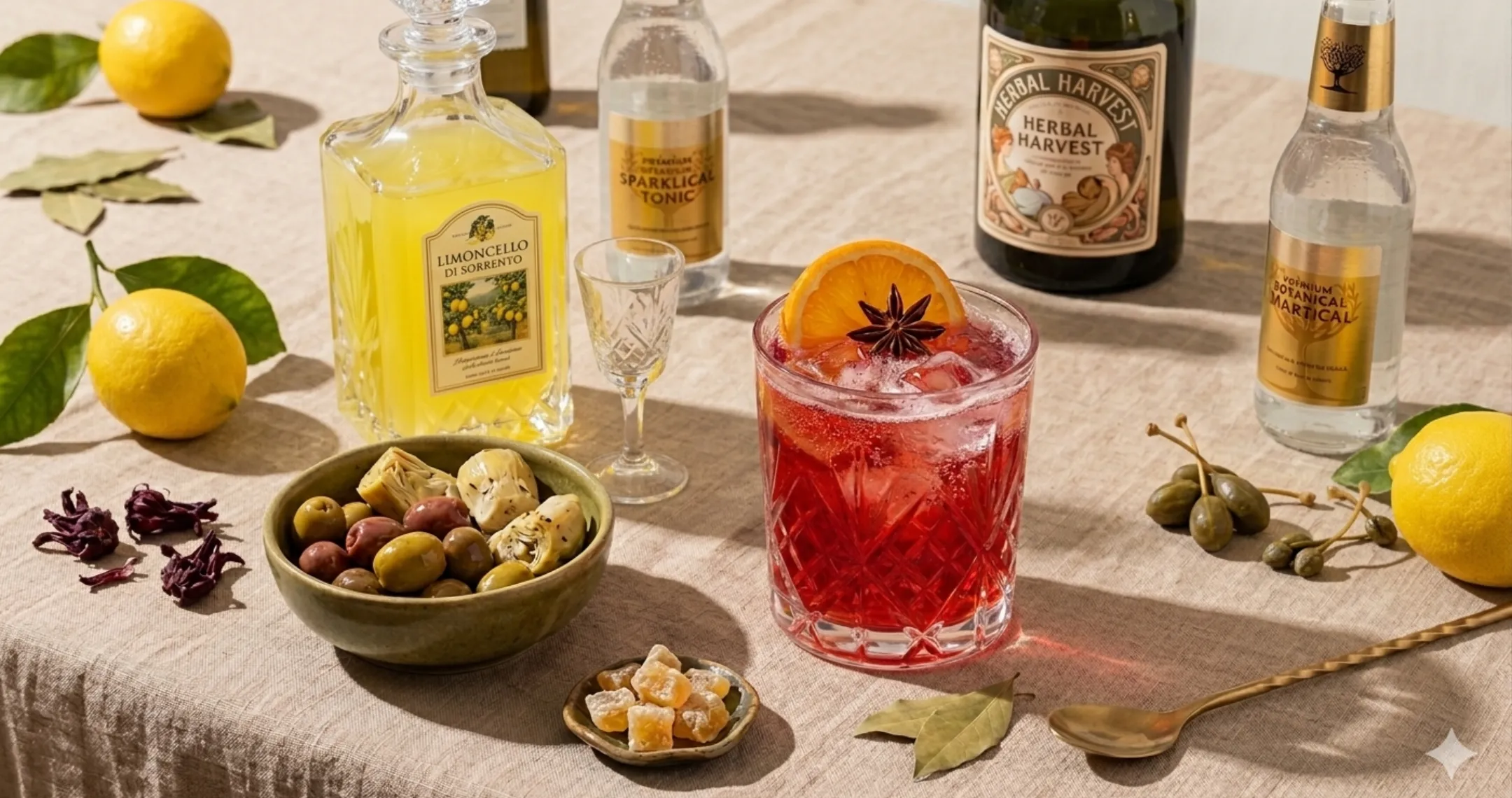 Red cocktail in a cut glass with an orange slice and an anise star, surrounded by lemons, olives, artichokes, limoncello liqueur and tonic bottles.