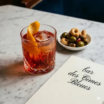 Glass of red cocktail with orange zest, served with a bowl of olives and savory cookies on a marble table with a 'bar des Limes Bleues' menu.