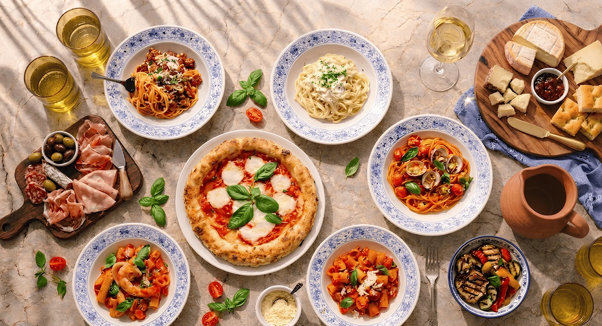 Table with Italian dishes including margherita pizza, various pasta plates, charcuterie board, cheese platter, grilled vegetables, and glasses of white wine.