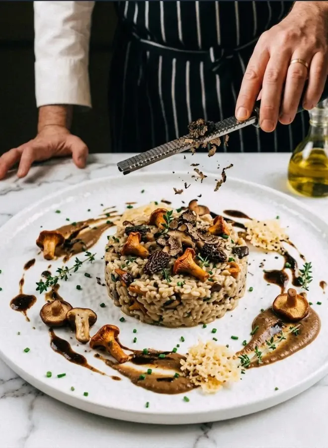 Plat gastronomique de risotto aux champignons décoré avec des herbes et des copeaux de truffe fraîche râpée.