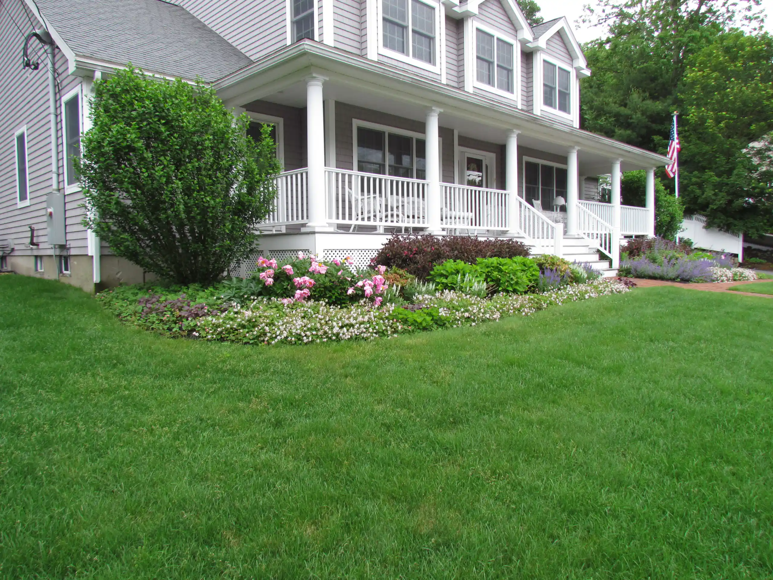 Close-up of a paved stone driveway with a curved border and a grassy area on the left side.
