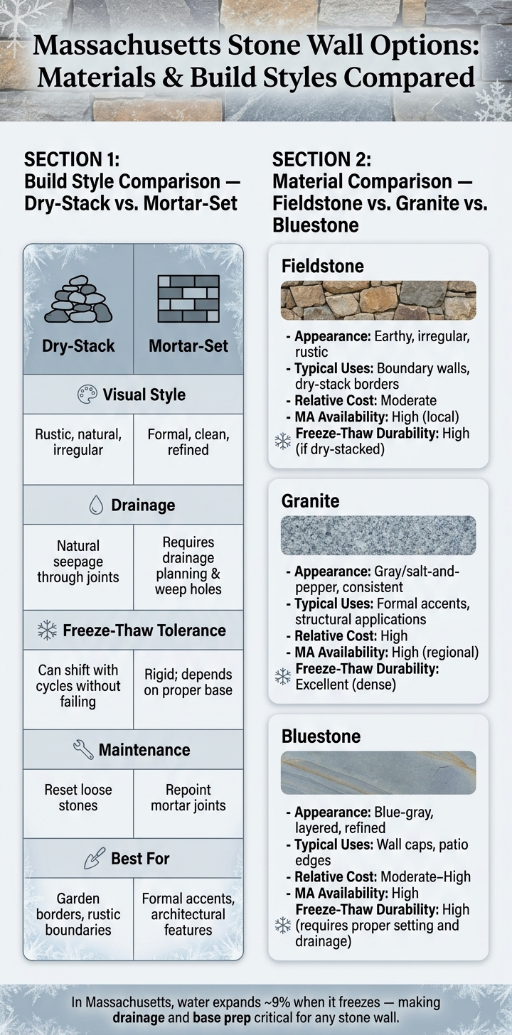 Massachusetts Stone Wall Options: Materials & Build Styles Compared
