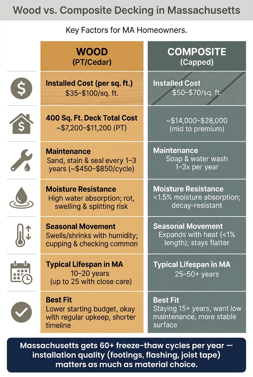 Wood vs. Composite Decking in Massachusetts: Cost, Maintenance & Lifespan