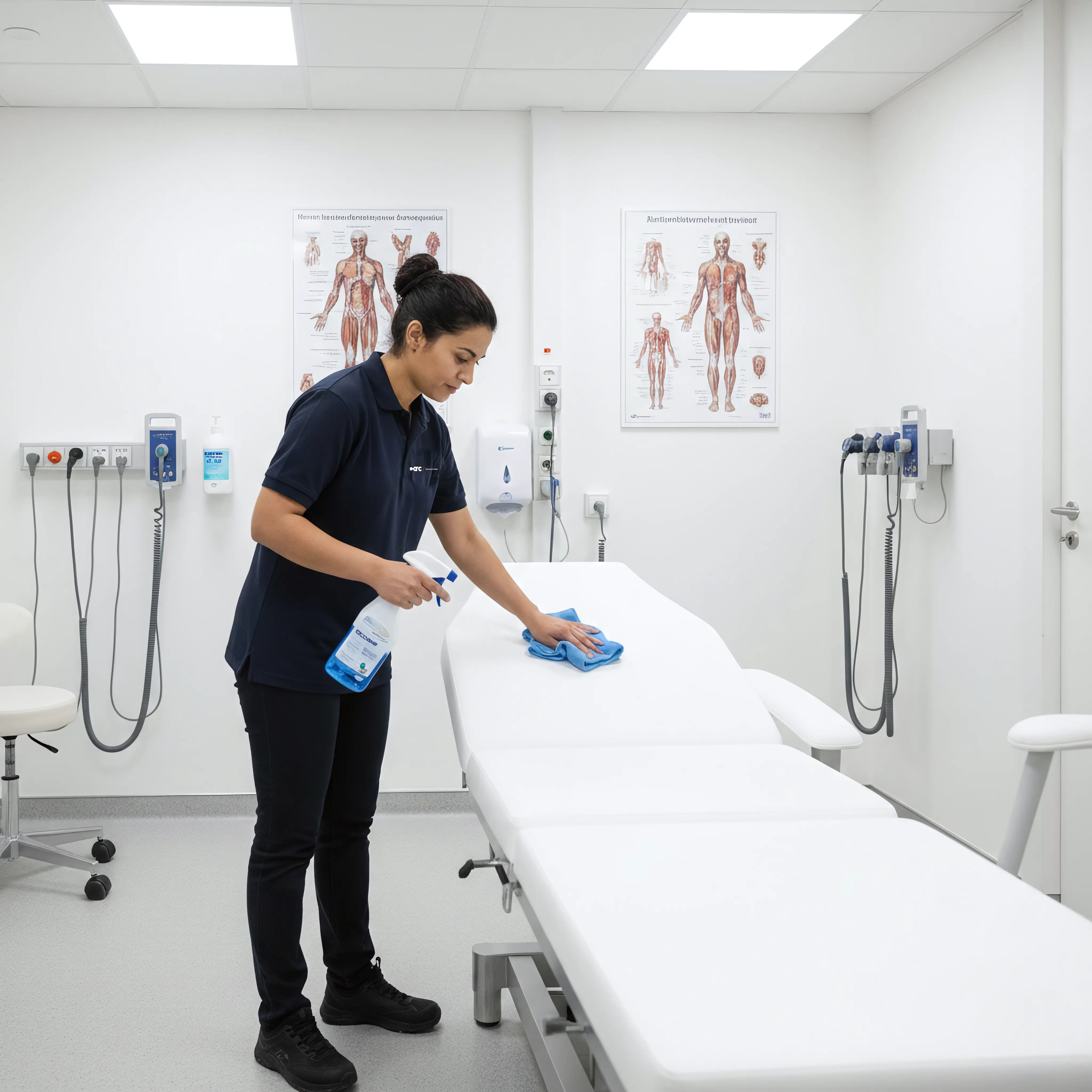 Schoonmaakmedewerker desinfecteert behandelbank in een medische praktijk met reinigingsmiddel en microvezeldoek