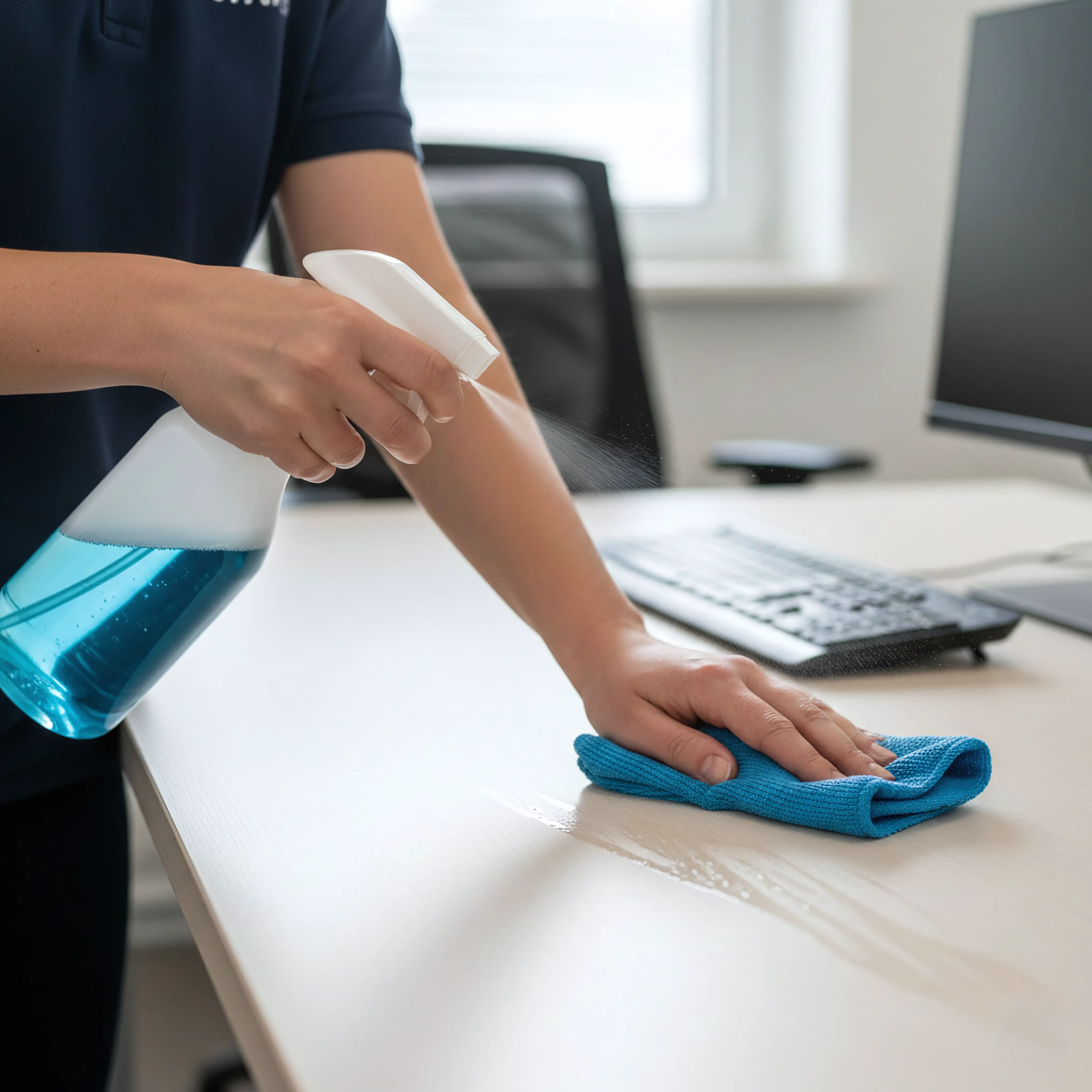 Close-up van schoonmaakmedewerker die een bureau desinfecteert met reinigingsspray en microvezeldoek