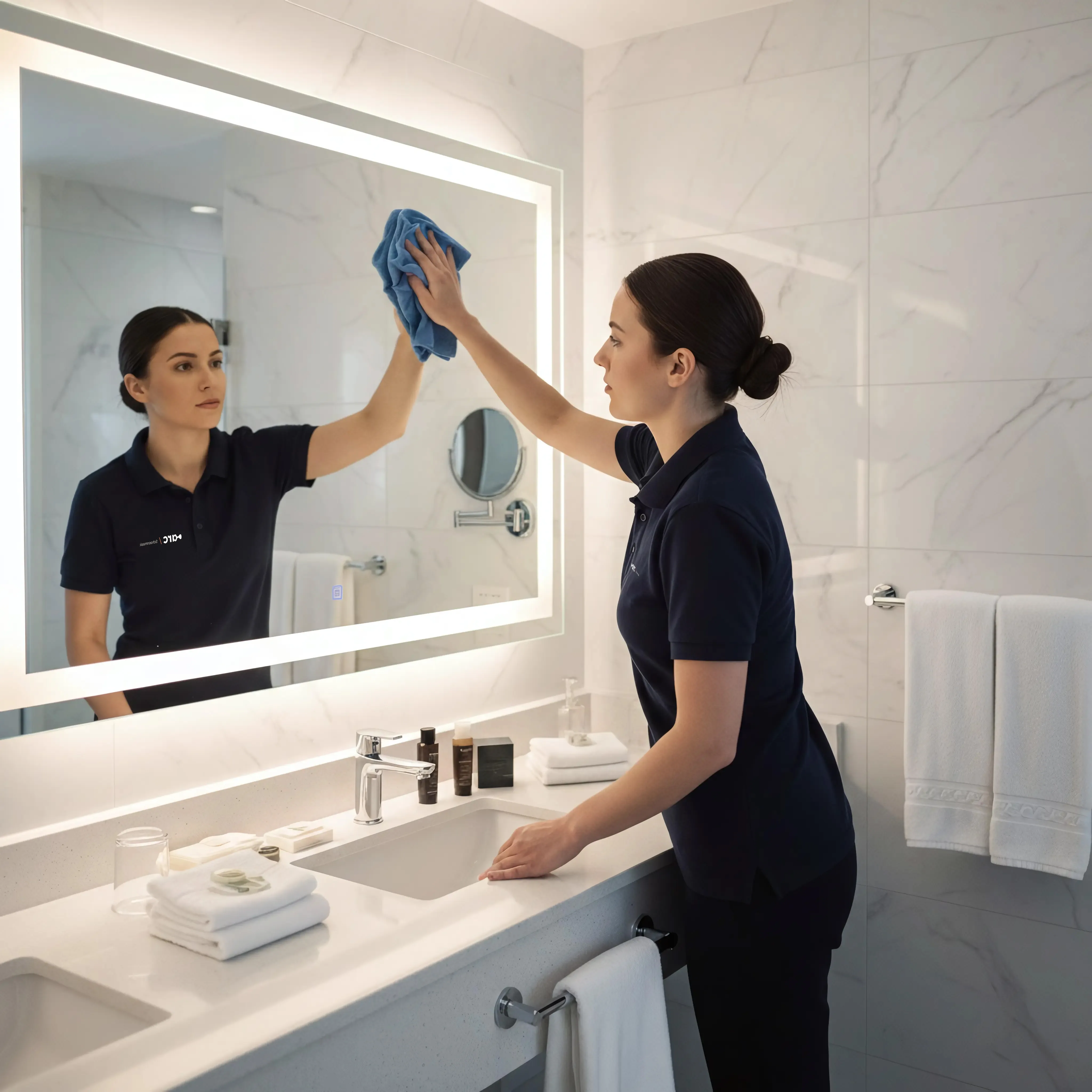 choonmaakmedewerker reinigt badkamerspiegel met microvezeldoek in een luxe hotelbadkamer met marmeren wanden