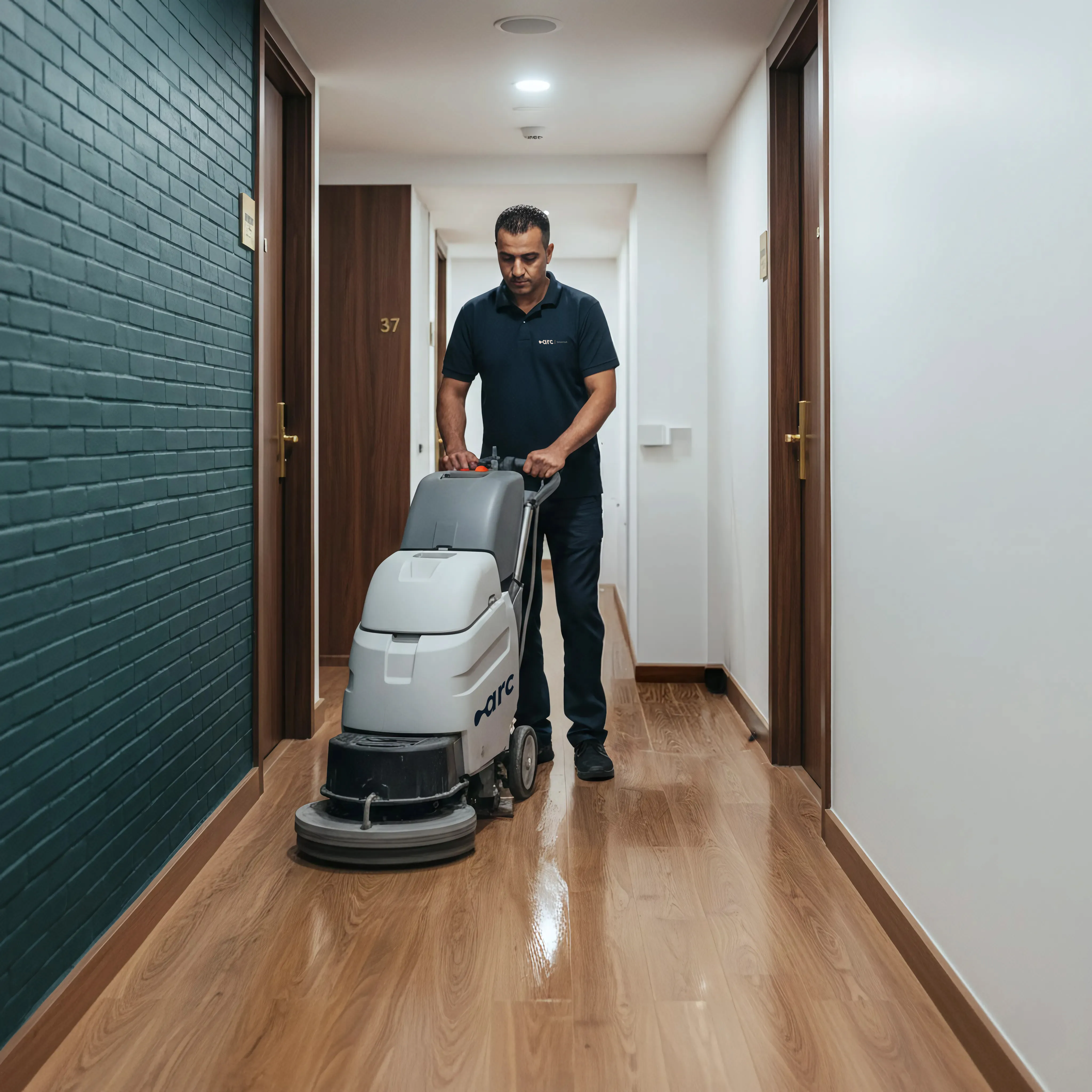Schoonmaakmedewerker reinigt houten vloer met schrobmachine in een hotelgang met kamernummers