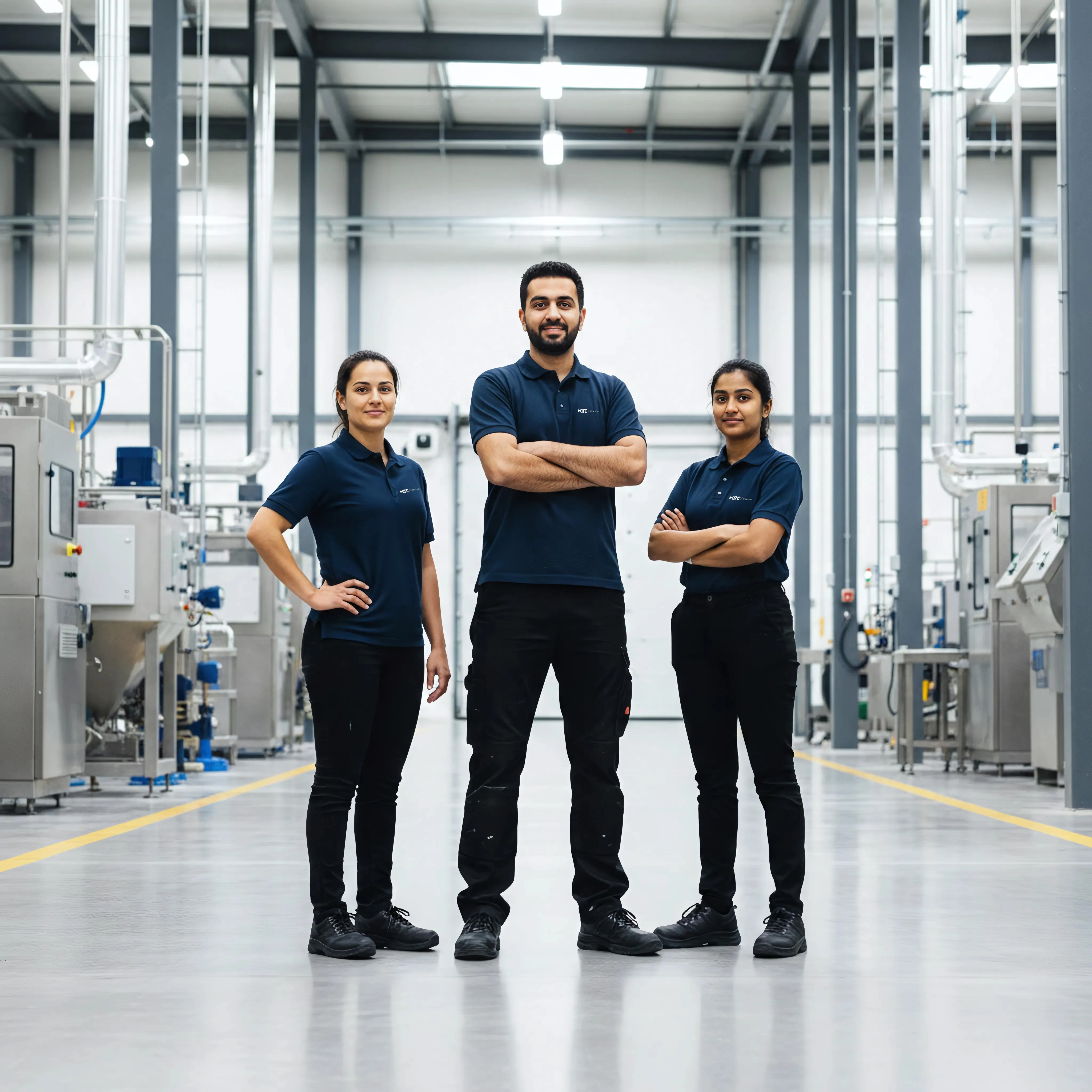 Vast schoonmaakteam van drie medewerkers in een productiehal met industriële machines