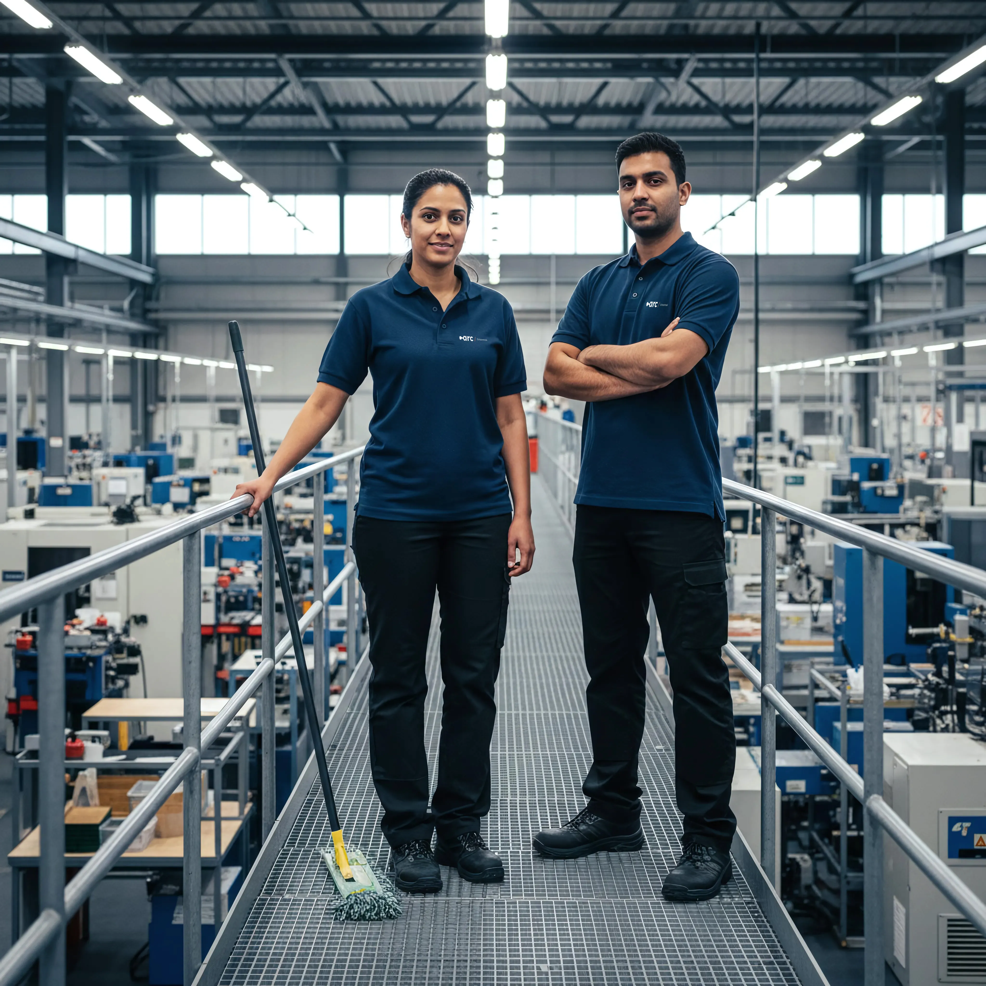 Twee schoonmaakmedewerkers met dweil op een loopbrug in een productiehal met industriële machines