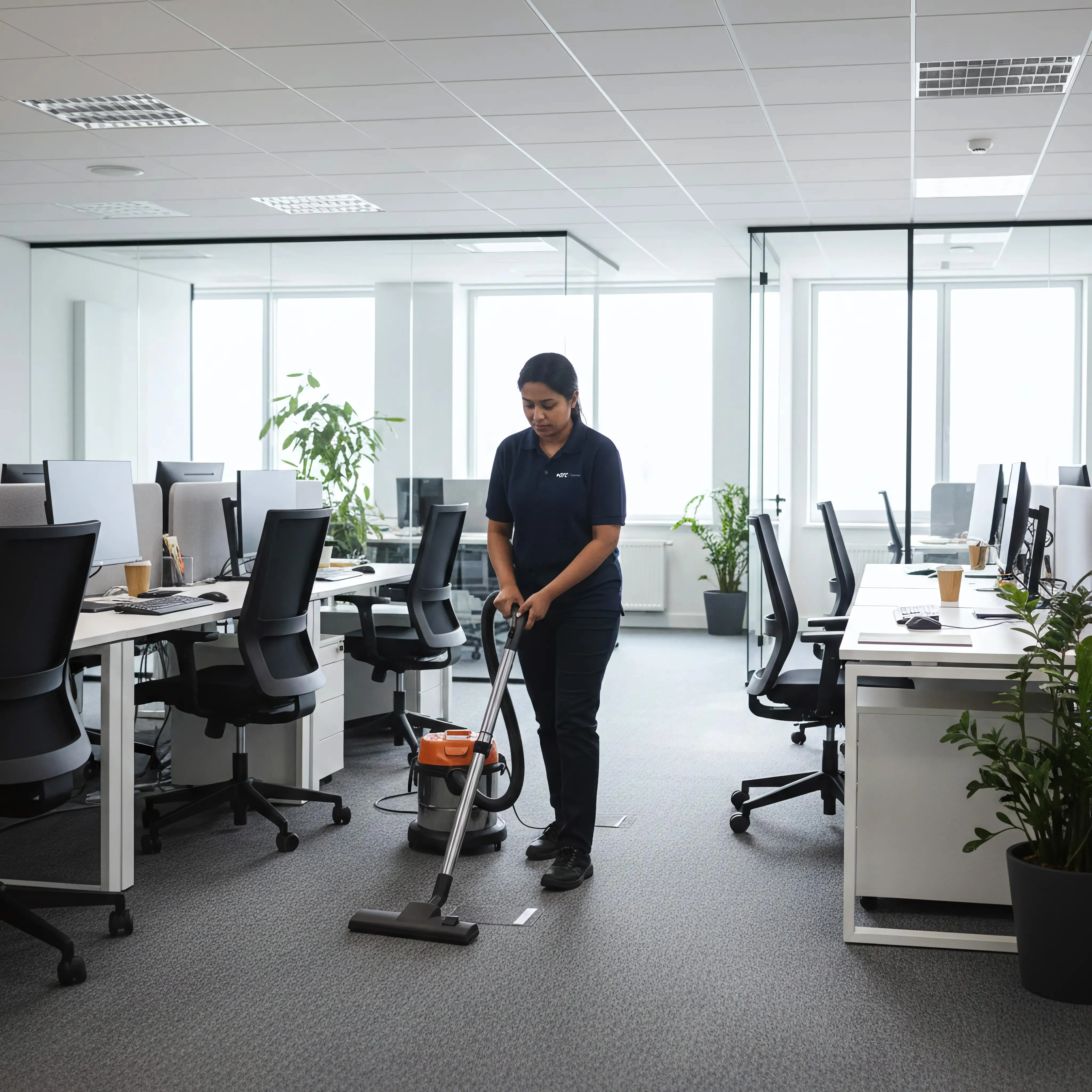 Schoonmaakmedewerker stofzuigt tapijtvloer tussen werkplekken in een kantoor met glazen wanden