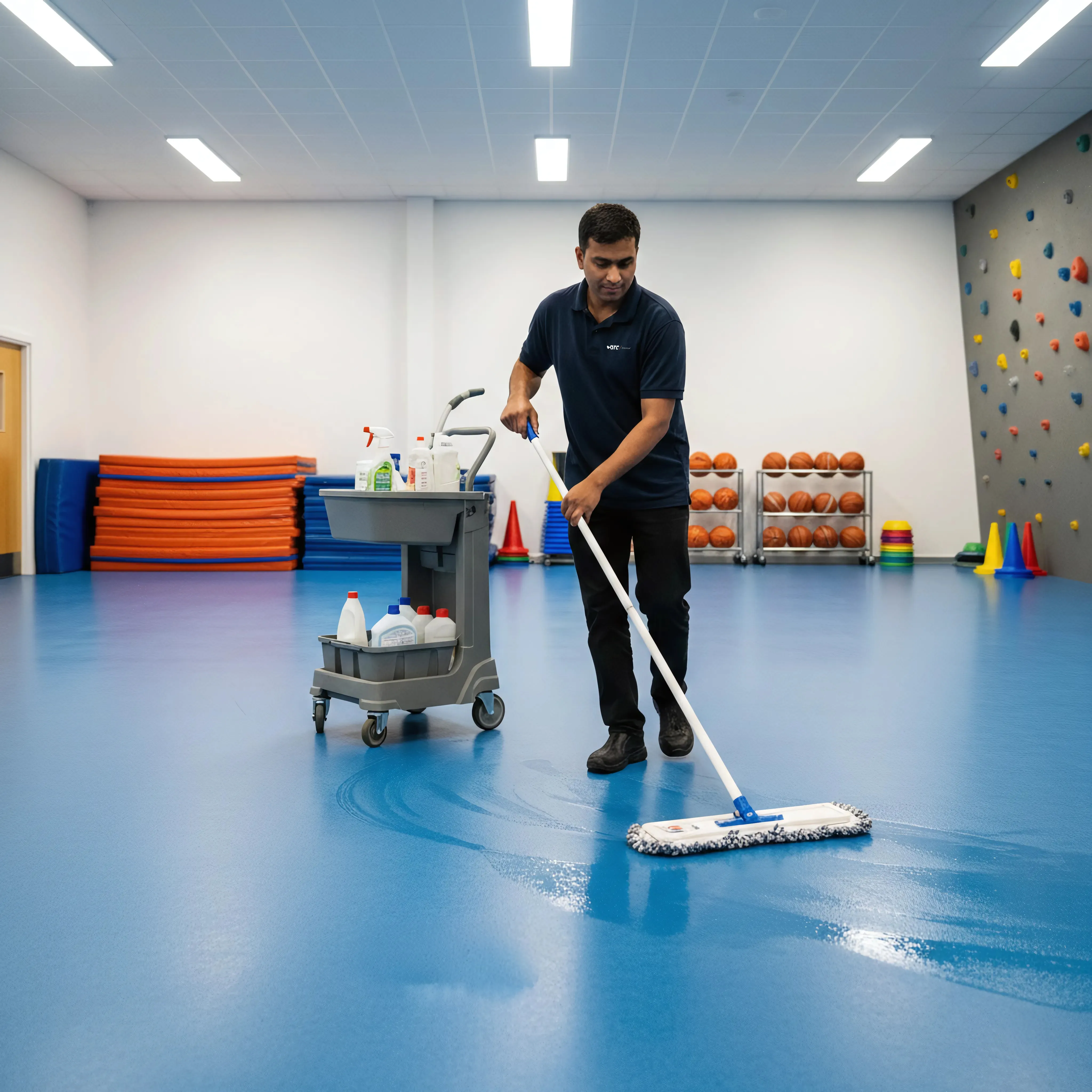 Schoonmaakmedewerker dweilt sportvloer in een gymzaal met schoonmaakkar en reinigingsmiddelen